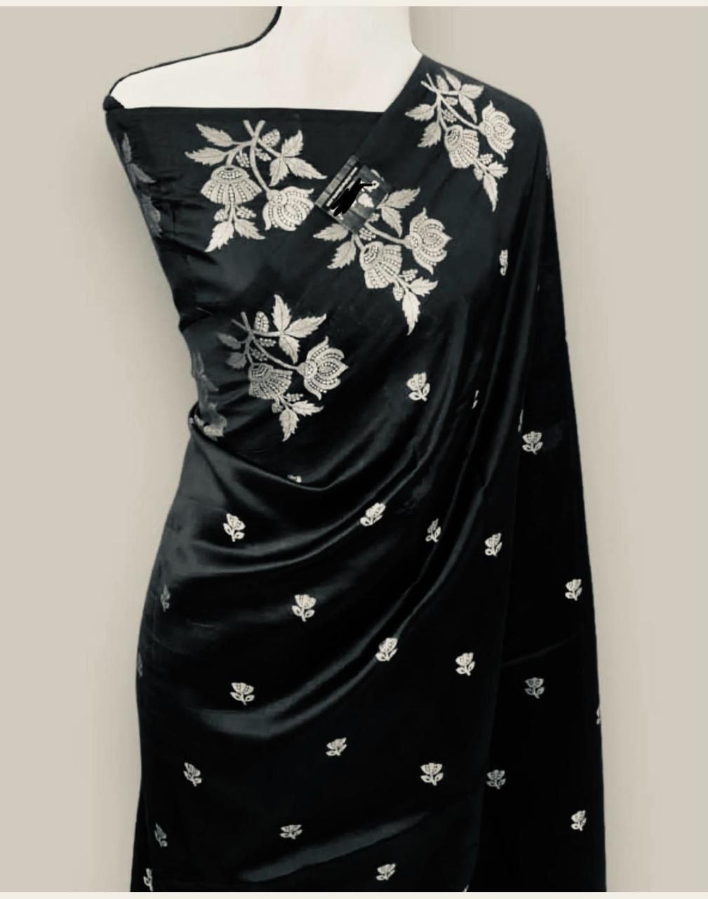 Pure crush silk saree with all over embroidery design and cut work design. Blouse - Running with butti, as - Haxberry