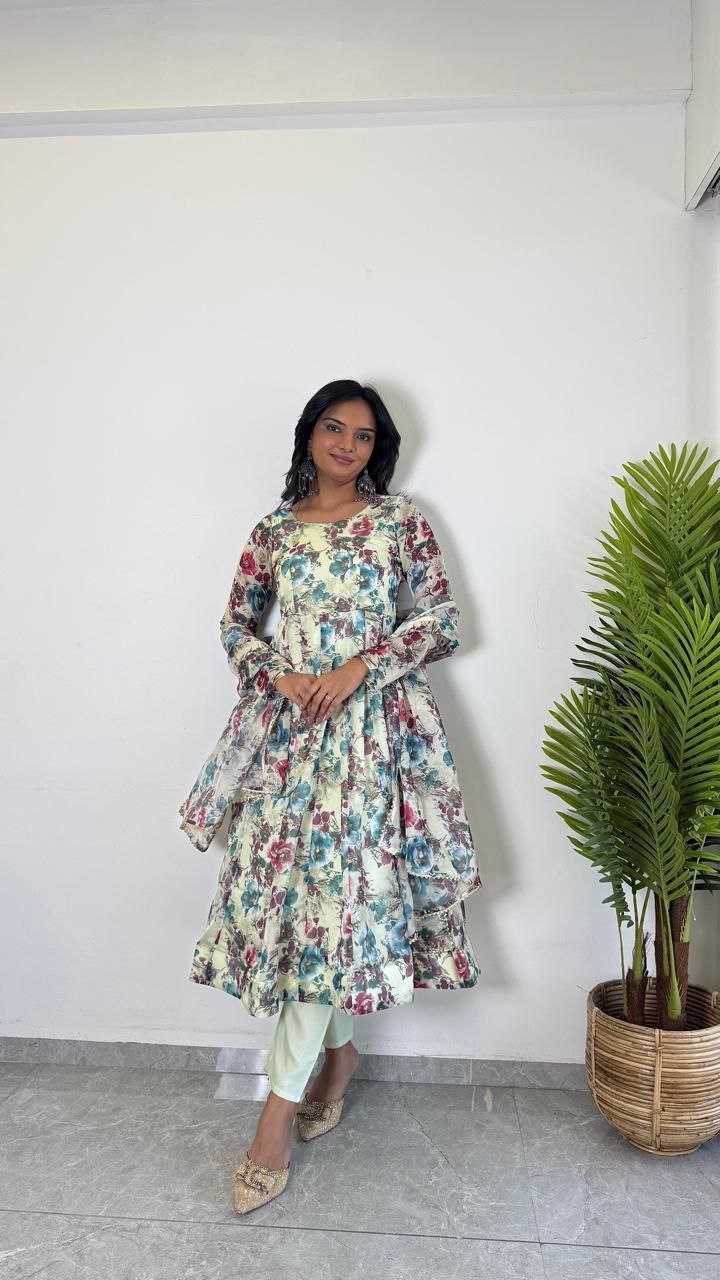 organza flore printed anarkali kurti 3 p - Haxberry