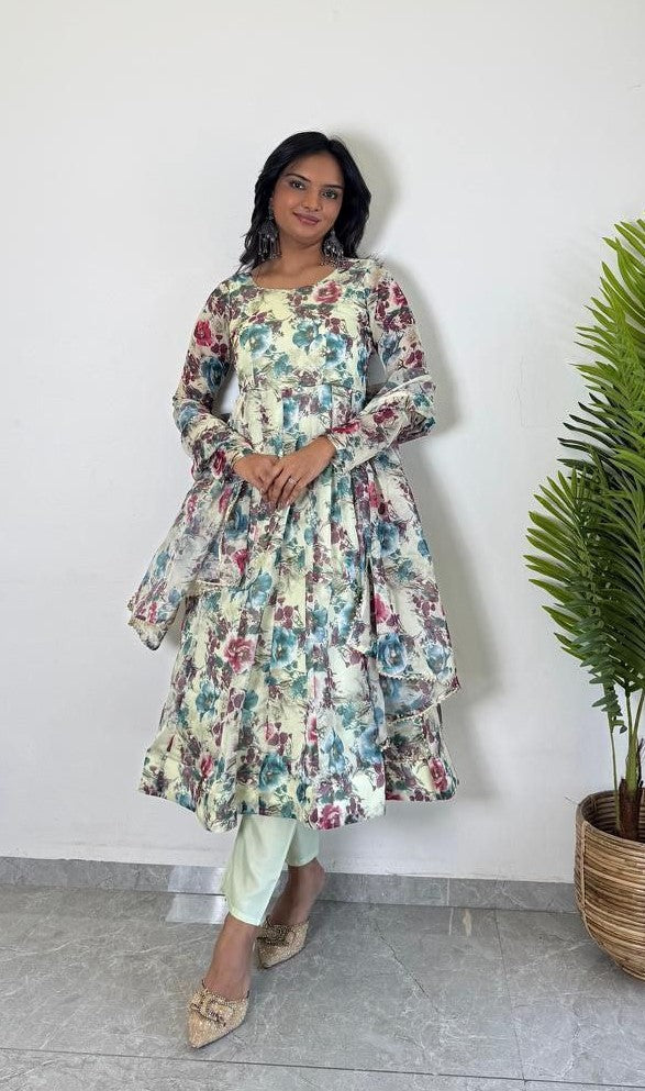 organza flore printed anarkali kurti 3 p - Haxberry