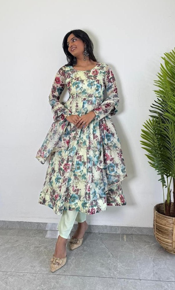 organza flore printed anarkali kurti 3 p - Haxberry