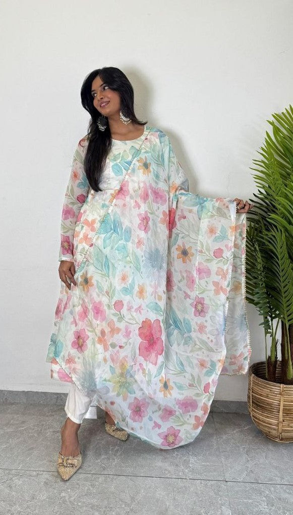 organza flore printed anarkali kurti 3 pis sat - Haxberry