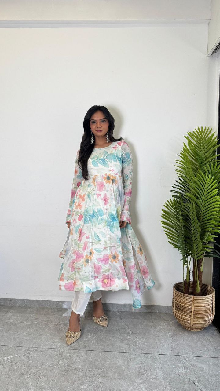 organza flore printed anarkali kurti 3 pis sat - Haxberry