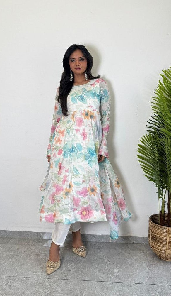 organza flore printed anarkali kurti 3 pis sat - Haxberry